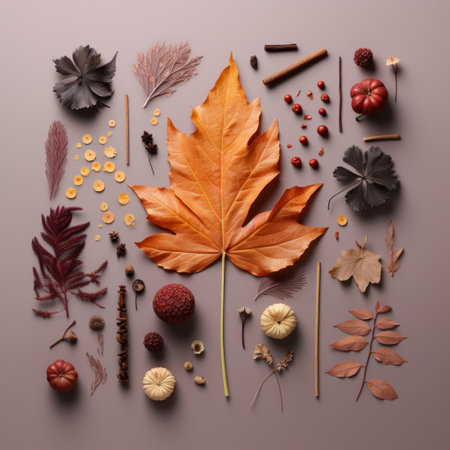 Autumn leaves flatlay on mauve pinkの素材