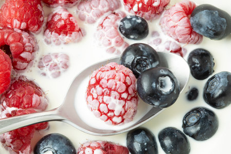 Fresh berries in white creamの写真素材
