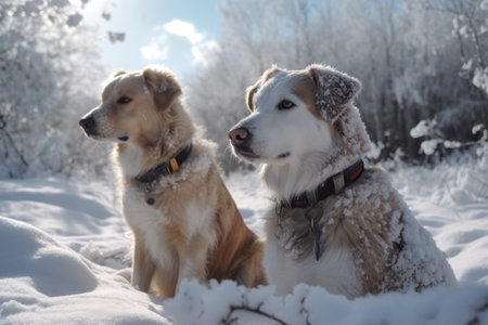 Two dogs in the snowの素材