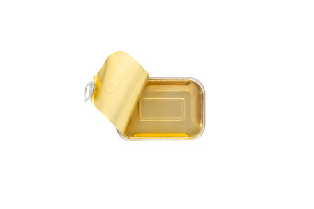 Open empty metal can on white background