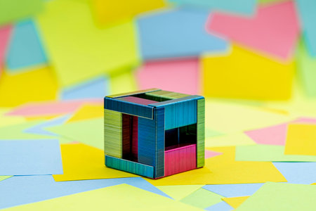 creativity to make staples in the form of a box with a background of multicolored paper sticky notesの写真素材