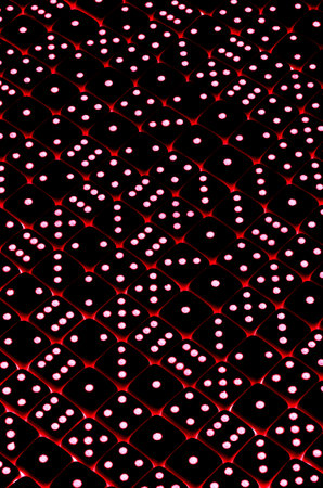 black dice with white dots on red background