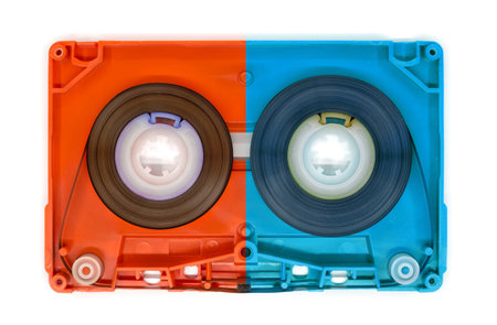 two color old audio cassette tape openの写真素材
