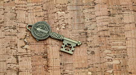Bronze ornamental key with unique shapes and design on cork board wood background
