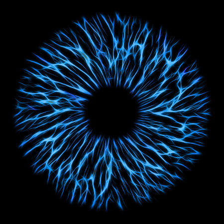 Illustration of a blue electrify human iris on black background. Digital artwork creative graphic...
