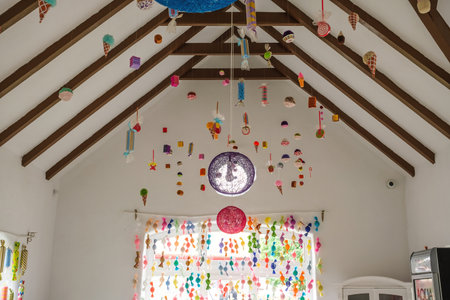 various ornaments hanging from the ceilingの写真素材