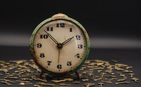 vintage table clock on ornamental keys background