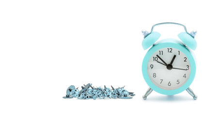 Classic blue table clock with blue cogs gears wheels on a white background