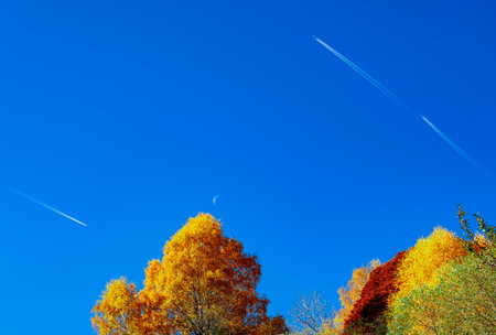 clear blue sky with three planes and the moon in the background and trees in autumn colors, Romanian mountains, Fantanele village area, Sibiu county, Cindrel mountains, Romaniaの写真素材