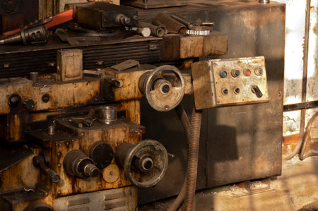 Old metal lathe in the workshop, metalworking, machine tools.の写真素材