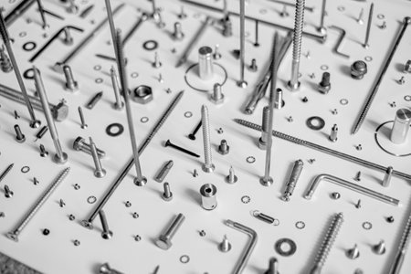 Screws and washers on white background