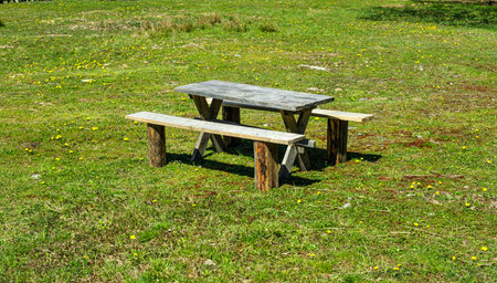 wooden table and bench in the flower fieldの写真素材