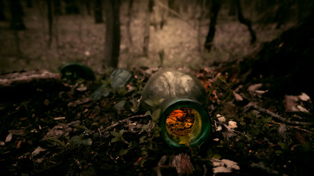 an old bottle in the woodsの写真素材