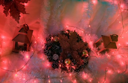 Christmas decoration with red lightsの写真素材