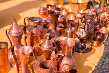 copper pots at the gypsy fairの写真素材