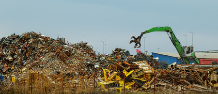Grab crane works in waste recycling stationの写真素材