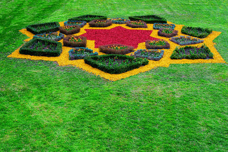 garden with floral arrangements and grassの写真素材