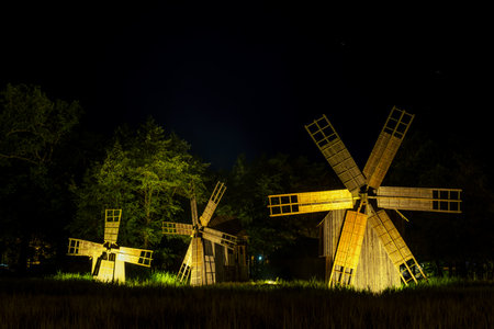 Night Landscape with wind millsの写真素材