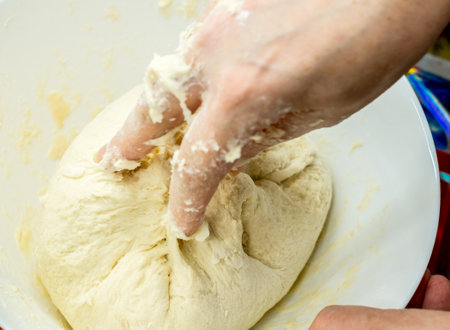 pizza prepare dough hand topping