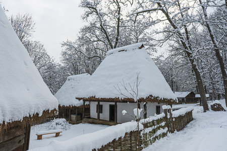 Traditional Romanian village with old house straw roofing covered with snowの写真素材