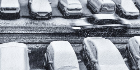 the car pass through the parking lot in winter dayの写真素材