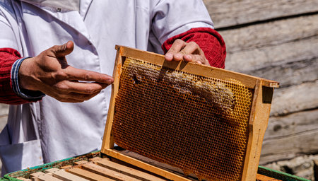the beekeepers hand points to the honeycomb