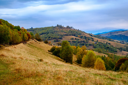Colorful autumn landscape in the Romanian Carpathians, Fantanele village, Sibiu county, Cindrel mountains, 1100m, Romaniaの写真素材