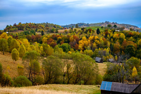 Colorful autumn landscape in the Romanian Carpathians, Fantanele village, Sibiu county, Cindrel mountains, 1100m, Romaniaの写真素材