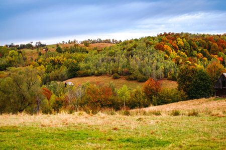 Colorful autumn landscape in the Romanian Carpathians, Fantanele village, Sibiu county, Cindrel mountains, 1100m, Romaniaの写真素材