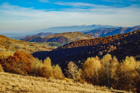 beautiful autumn landscapes in the Romanian mountains, Fantanele village area, Sibiu county, Cindrel mountains, Romaniaの写真素材