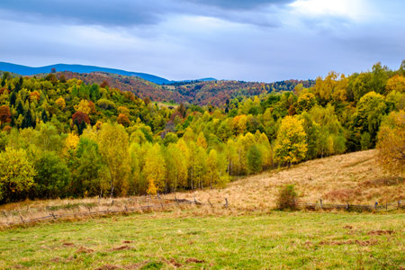 Colorful autumn landscape in the Romanian Carpathians, Fantanele village, Sibiu county, Cindrel mountains, 1100m, Romaniaの写真素材