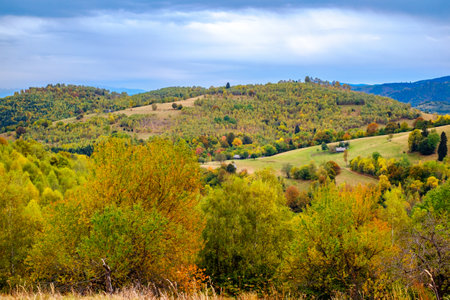Colorful autumn landscape in the Romanian Carpathians, Fantanele village, Sibiu county, Cindrel mountains, 1100m, Romaniaの写真素材