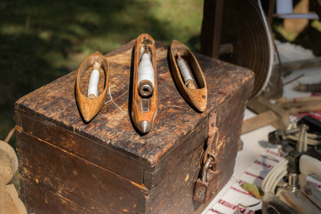 Shuttle Weaving Tool equipment homemade silk or production of ancient loom and Cotton is raw for weaveの写真素材