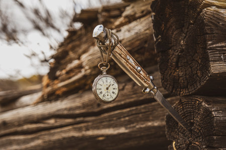 an old watch hanging from a knife stuck in an old cottageの写真素材