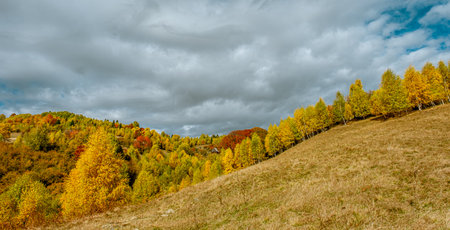 beautiful autumn landscapes in the Romanian mountains, Fantanele village area, Sibiu county, Cindrel mountains, Romaniaの写真素材