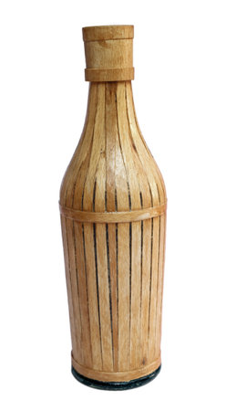 Old bottle wrapped in wicker on white backgroundの写真素材