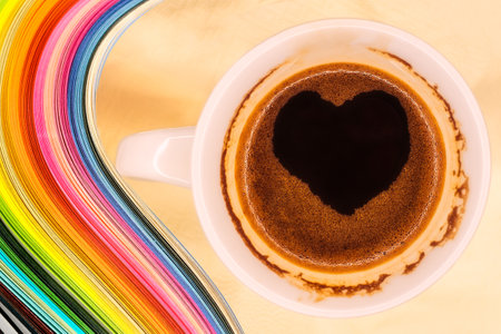 Color wave curl rainbow strip paper and coffee mug with hot instant coffee foam heart-shapedの写真素材
