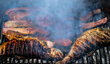 Barbecuing an assortment of meat with pork sausages, beef steak, chicken wings onions and fish