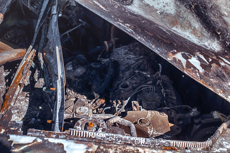 Burnt out car engine with hood