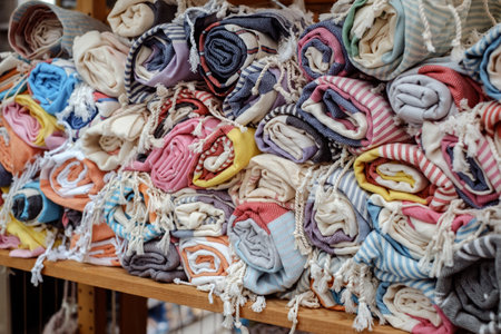 towels packed on the tableの写真素材