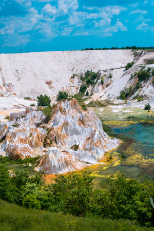 Abandoned Kaolin quarry with white plaster material, Vetovo village area, Bulgariaの写真素材