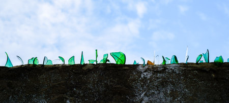 Shards of bottle glass on the fenceの写真素材