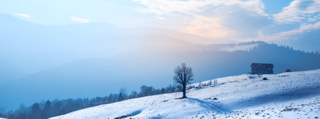 the rays of the sun over the mountains with snow, Cindrel mountains, Paltinis, Romaniaの写真素材