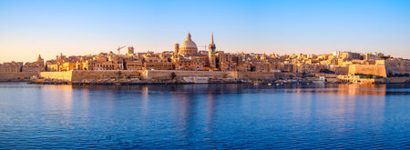 Sliema Malta, July 22 2019. Sunrise over the Valletta city, capital of the Malta, view from Sliema city.の写真素材