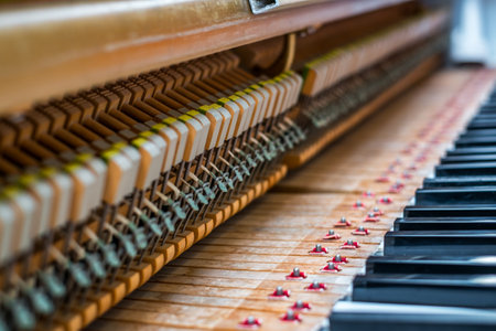 details inside of the piano with keyboards and piano-stringの写真素材