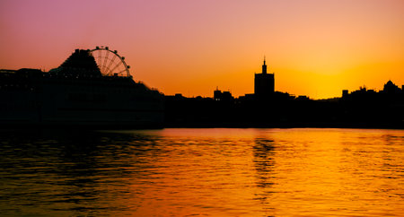 A sunset silhouette view from Muelle Uno walk from Malaga city, Costa del Sol, Andalucia, Spain, Western Europeの写真素材