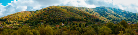 Panorama over the autumn Romanian village, Fantanele village, Sibiu county, Romaniaの写真素材