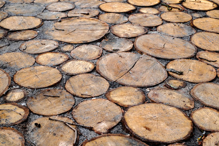 Beautiful walkway made of round slices of a tree trunkの写真素材