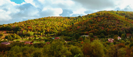 The autumn Romanian village, Fantanele village, Sibiu county, Romaniaの写真素材