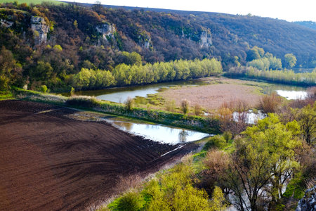 agricultural lands flooded by the riverの写真素材